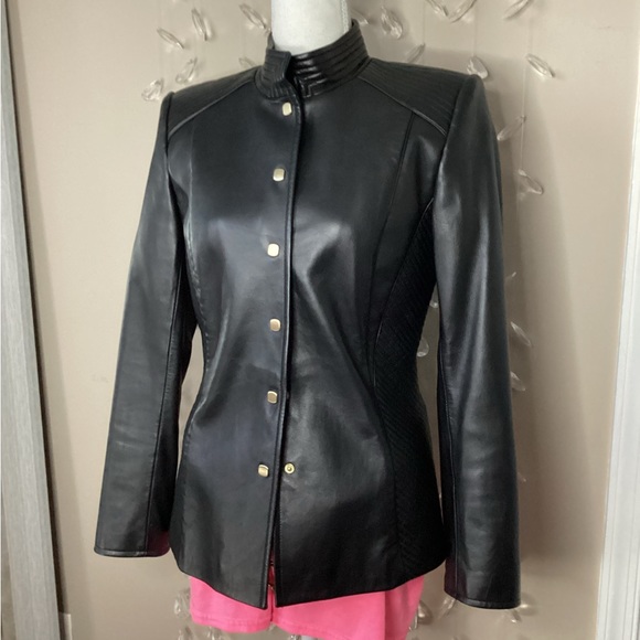 Dana Buchman Leather Gold Square Button Jacket - Picture 2 of 16